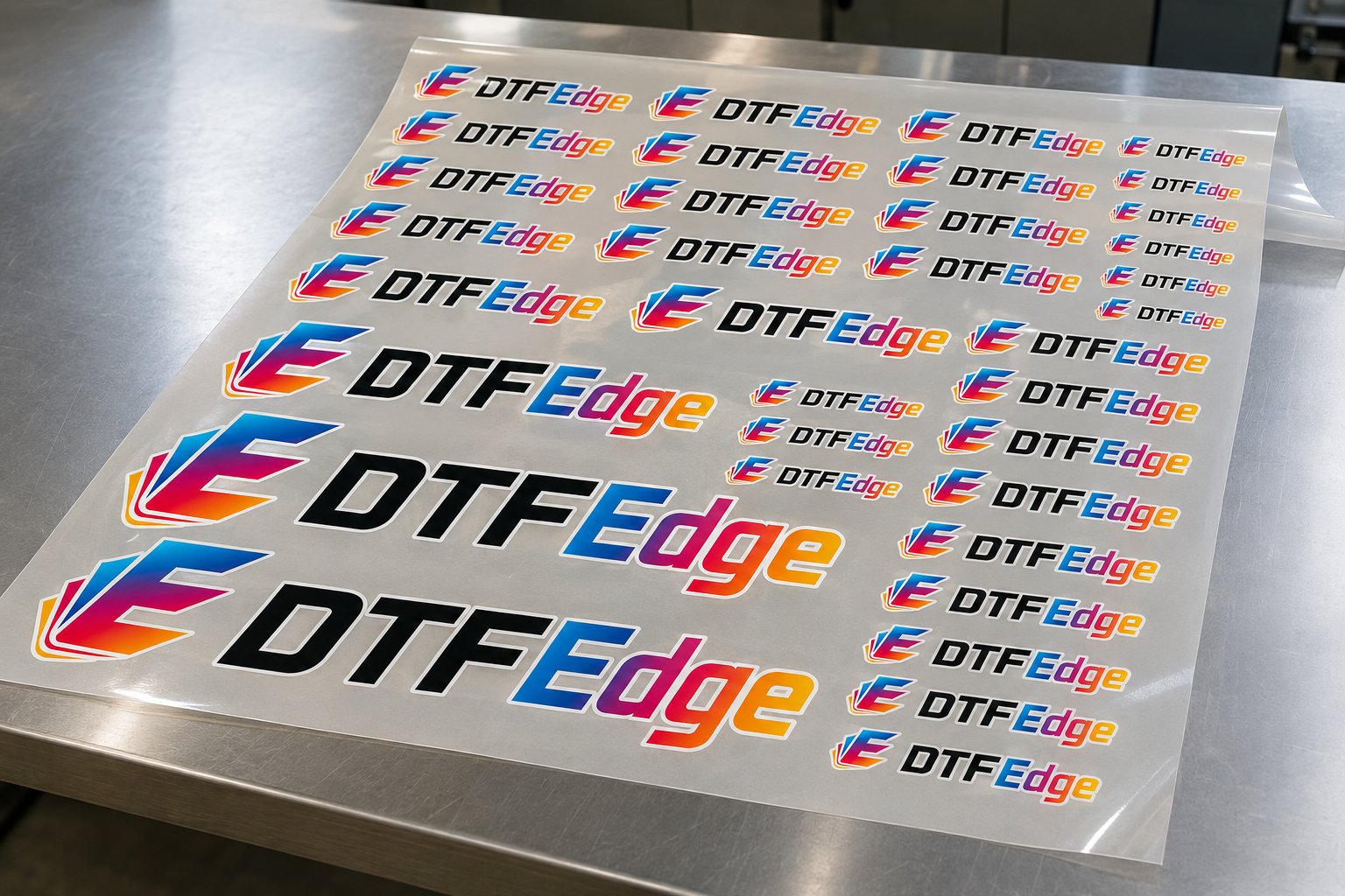 Sheet of printed DTF Edge gang sheet transfers ready to press