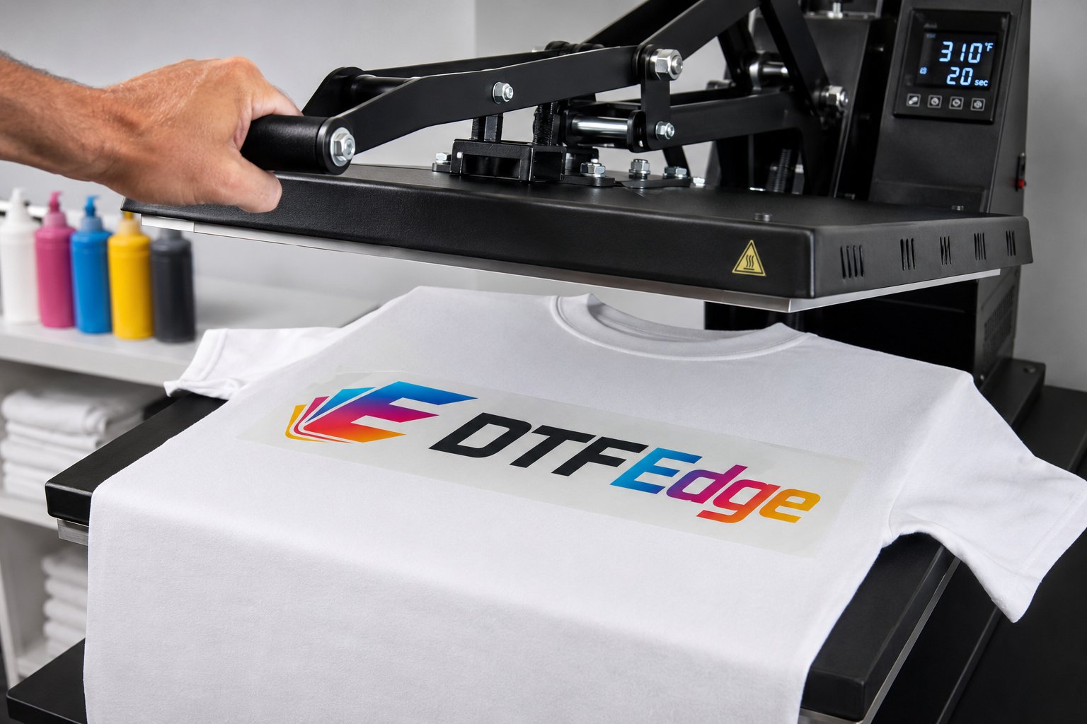 Heat press applying a DTF transfer to a t-shirt