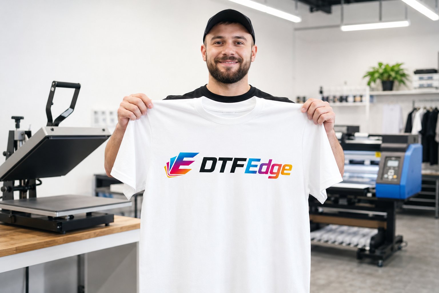 Finished t-shirt with a DTF Edge print held up in a print shop